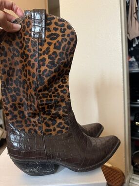 Jeffrey Campbell Leopard Print Western Boots with Brown Croc Foot